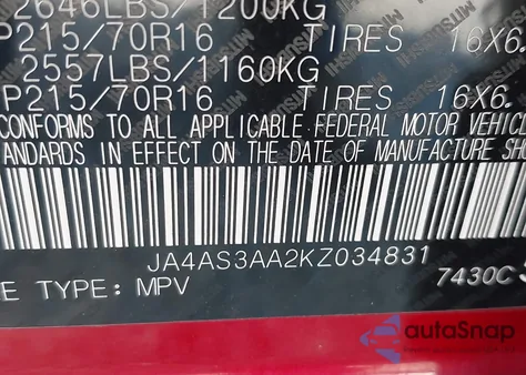 2019 Mitsubishi Eclipse Cross Es z USA, uszkodzony, nr VIN JA4AS3AA2KZ034831